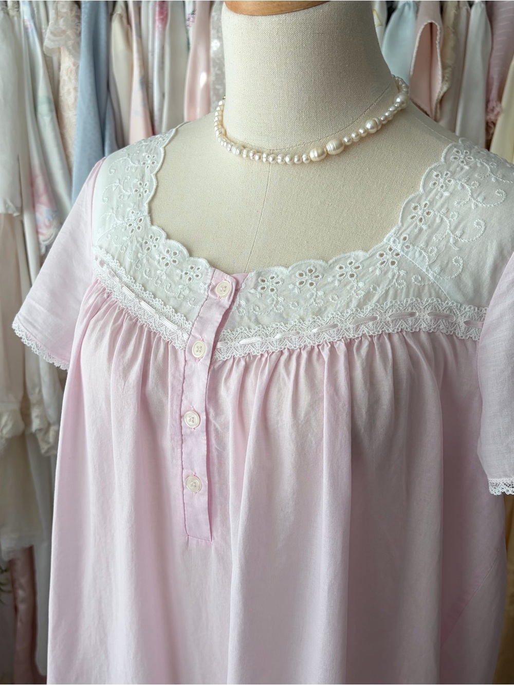 vintage character baby pink cotton eyelet lace long dress nightgown